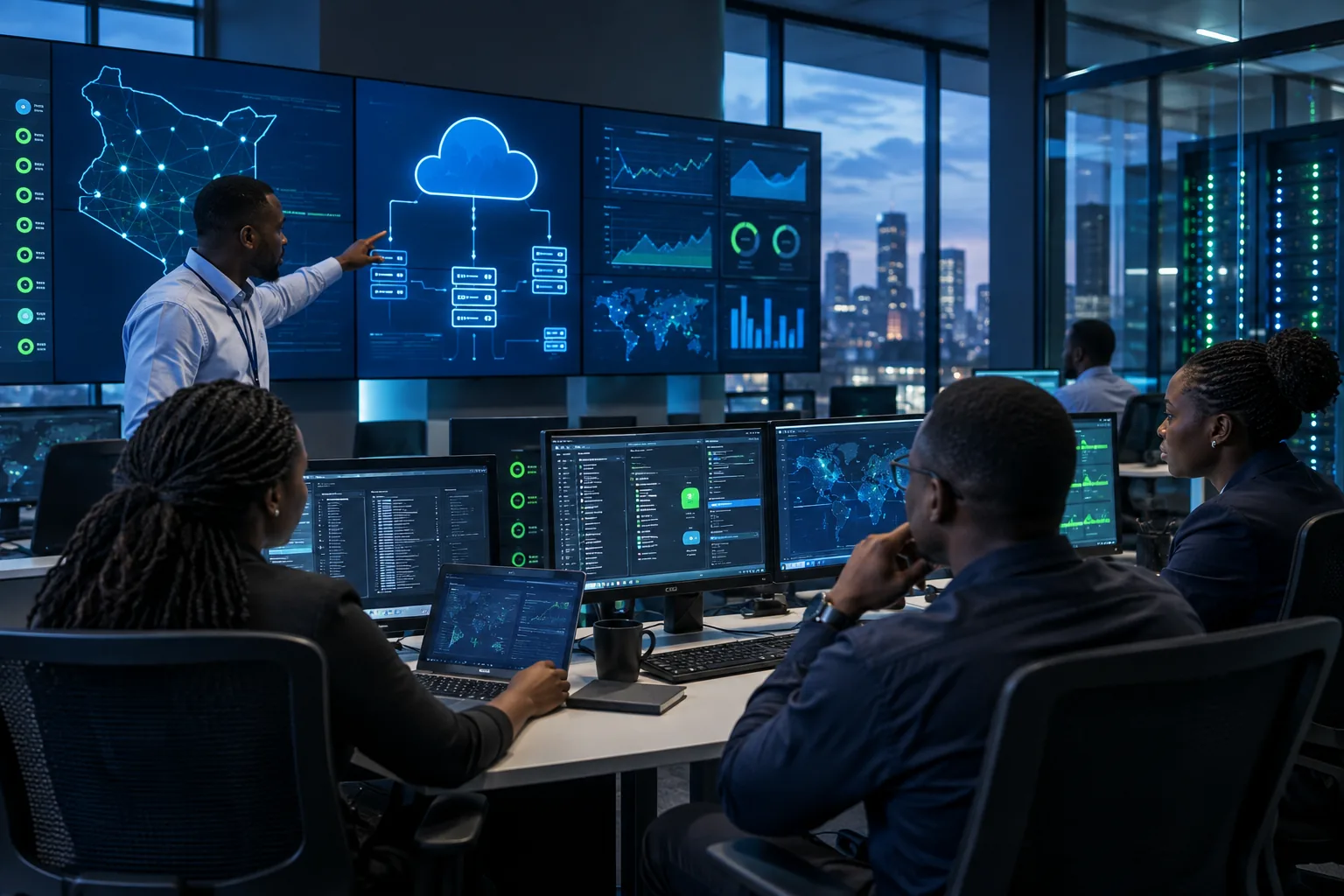 Kenyan cloud engineers monitoring secure infrastructure